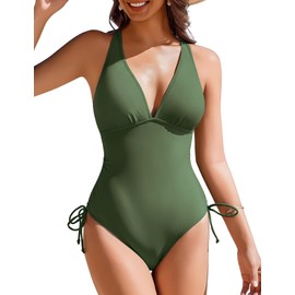 AI'MAGE Womens One Piece Swimsuits V Neck Tummy Control Bathing Suit Criss Cross Back Slimming Swimwear with Drawstring Army Green Small