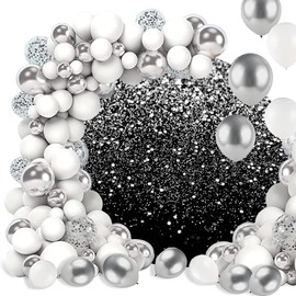 OERJU 7.2x7.2ft Round Backdrop Cover Black and Silver Glitter Sequins Circle Photography Background Round Stand Backdrop for Birthday Baby Shower Wedding Party Decoration Portrait Photo Booth Props