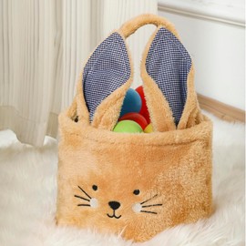 E-FirstFeeling Easter Bunny Basket Plush Easter Basket for Easter Egg Hunts Candy Presents Bunny Bucket Tote Easter Party Decorations (Brown)