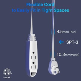 3-Outlet Flat Extension Cord 5 FT, 16 Gauge Extension Cord, Flat Plug, Multi Outlet, 3 Prong Angled Plug, SPT-3 Power Strip Indoor Extension Cable, ETL Listed, White