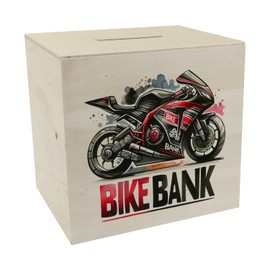 Wooden Racing Motorcycle Money Box with Saying Bike Bank Sporty Racing Motorcycle Money Box Made of Wood in Black/Red Fast Speed and Style in One