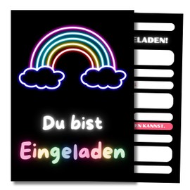 HIDEBLOOM Neon Rainbow Invitation Cards Children's Birthday Girl and Boy I Pack of 12 I DIN A6 (10.5 cm x 14.8 cm) I Children's Party I Birthday Invitations Children I Invitation Birthday Neon Stars
