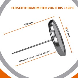 VIOKS Meat Thermometer Oven 0 to +120°C - Stainless Steel Steak Thermometer 43 mm Diameter with Penetration Sensor 130 mm - Meat Thermometer for Precise Temperature Measurement of Different Meats