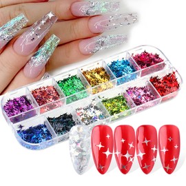 Stars Nail Art Glitter Sequins, 3D Sparkly Four-Pointed Star Nail Flakse Designs, 12 Colors Star Nail Art Sequins Supplies for Women Girls Manicure Shiny Decorations, DIY Resin Nail Art Tips