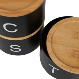 Harbour Housewares Stackable Tea Coffee Sugar Canisters with Bamboo Lids - Black - Stacking 3pc Tea Coffee and Sugar Canisters Set Airtight Kitchen Organiser Food Storage Jars