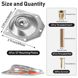 HUTLON 4 Pack Leg Mounting Plates, Furniture Leg Attachment Plates, 12 Degree Angled Metal Table Leg Mounting Hardware, Furniture Leg Mounting Brackets Industrial Strength T-Plate