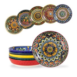 Henten Home Bohemia 32 OZ Pasta Bowls Set, Ceramic Salad Bowl Set of 6, Porcelain Oatmeal Serving Bowls Set for Soup, Salad, Microwave & Dishwasher Safe