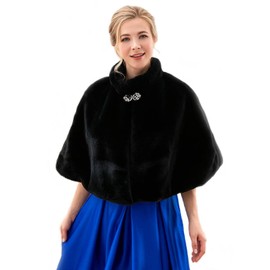 Tgirls Women's Wedding Faux Fur Shawl and Wrap Bridal Fur Stole Cape Cloak Fur Scarf for Bride and Bridesmaids (Black)