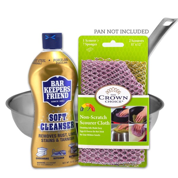 Bar Keepers Friend Soft Cleanser and Non Scratch Scouring Kit - Pot Cleaner and Scrubbing Set - Multipurpose, Stainless Steel, Rust, Soft Cleaner with Heavy Duty Non Scratch Dishcloth