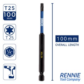 5 x Rennie Tools 100mm Long T25 TX25 Impact Screwdriver Driver Bits Set. Heavy Duty Magnetic Torx Screwdriver Bit Set. Black Oxide Coated Torx Impact Driver Bits. Torx Bit Set.