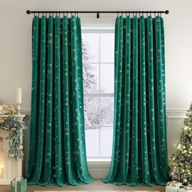 FMFUNCTEX Snowflake Christmas Velvet Blackout Curtains for Bedroom, Thermal Insulated Silver on Emerald Green Curtains 84 Inches Long for Living Room, Room Darkening Winter Drapes Rod Pocket 2 Panels
