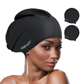 AMFUN 2 PCS Swimming Cap for Long Hair, Extra Large Swimming Caps for Women & Men, Silicone Adult Swim Cap, Waterproof Swimming Hat for Dreadlocks, Weaves, Curls, Hair Extensions, Braids, Afros, Black