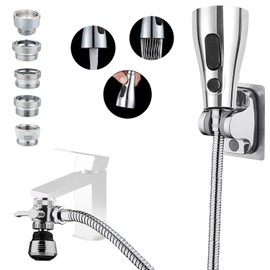 Kitchen Sink Sprayer Attachment for Faucet, ON/OFF Faucet Sprayer Head with Stainless Steel Hose，3 Way Brass Diverter with Aerator, for Kitchen Cleaning, Pet Shower,Hair Washing (5 Adapters）