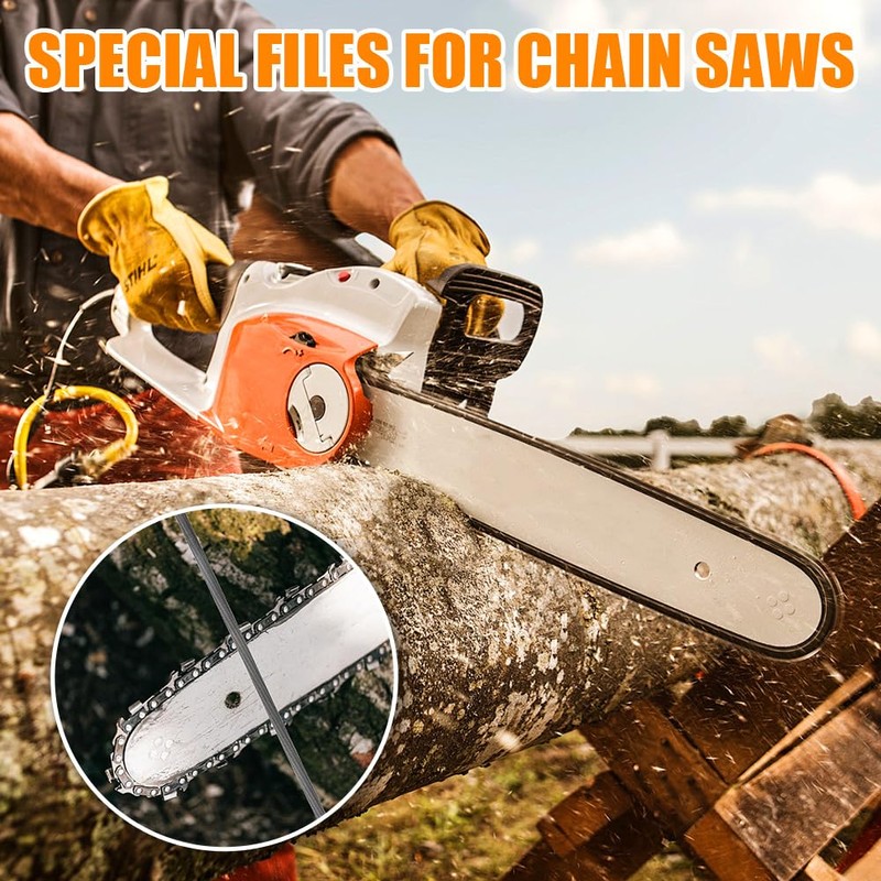 Pack of 12 Round Files for Chainsaws, with 4 Handles,