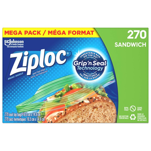 Ziploc Snack and Sandwich Bags for On-the-Go Freshness, Grip 'n Seal Technology for Easier Grip, Open and Close, 270 Count