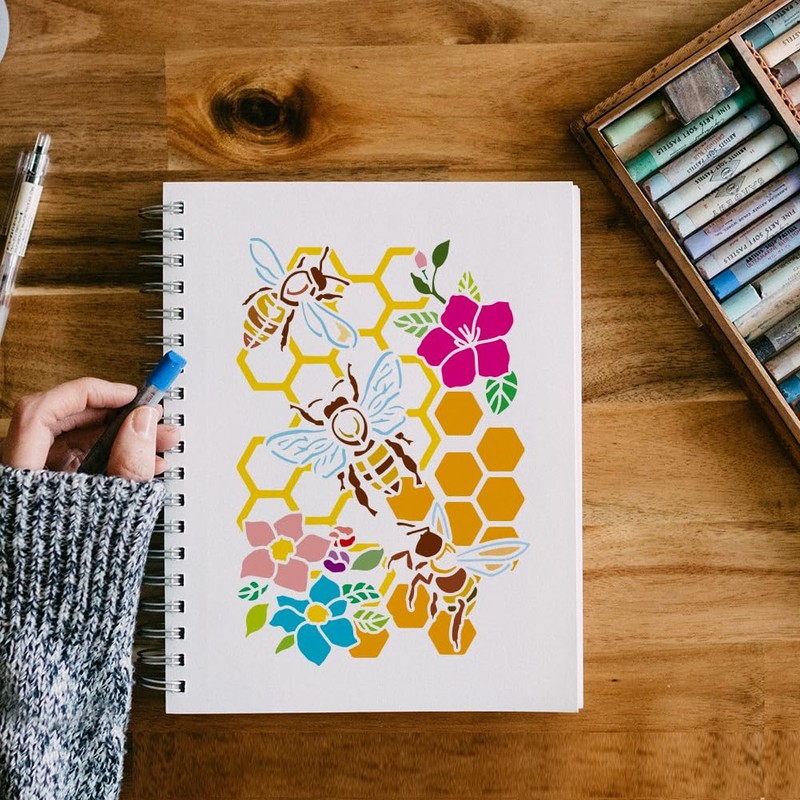 FINGERINSPIRE Beehive Stencils with Paint Brush, 11.7x8.3Inch Honeybee Pattern, Spring