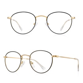 RB.Pilot Gafas de lectura redondas pequeñas de metal para mujeres y hombres, clásicas vintage, retro, tonos azules, bloqueando la luz, Dorado y Negro