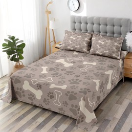 Pamnest Queen Size Bed Sheet Sets, Cute Dog Paw Animal Soft Microfiber 4 Pcs Bedding Sets for Kids and Adults Bedroom Bed Decor, Pet Puppy Bone Flat, Fitted Sheet and 2 Pillowcases