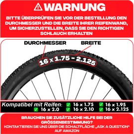 16 х 1.75 Inner Tube Children's Bicycle and Bicycle Trailer 16 Inch 16 x 1.75 / 1.95 / 2.125 with Car Valve 32 mm Includes 2 Mounting Levers Pack of 2 Compatible with 16 Inch Wheels Pushchair with