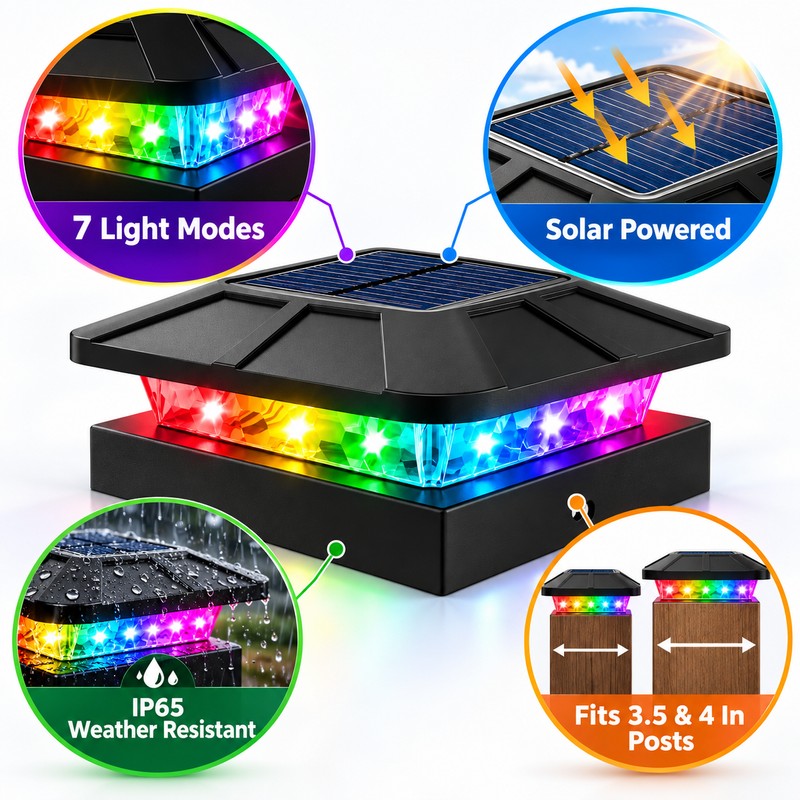 4-Pack RGB Solar Post Cap Lights for 3.5 & 4-Inch