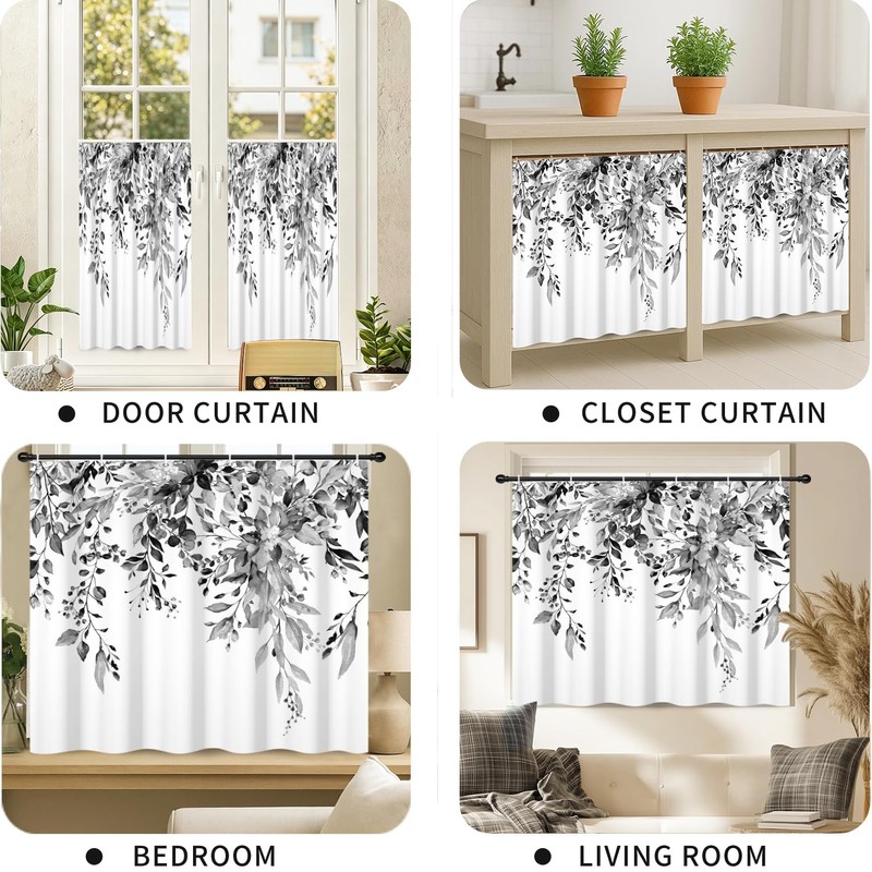 GCIREC Black and White Shower Window Curtain, Watercolor Eucalyptus Leaves