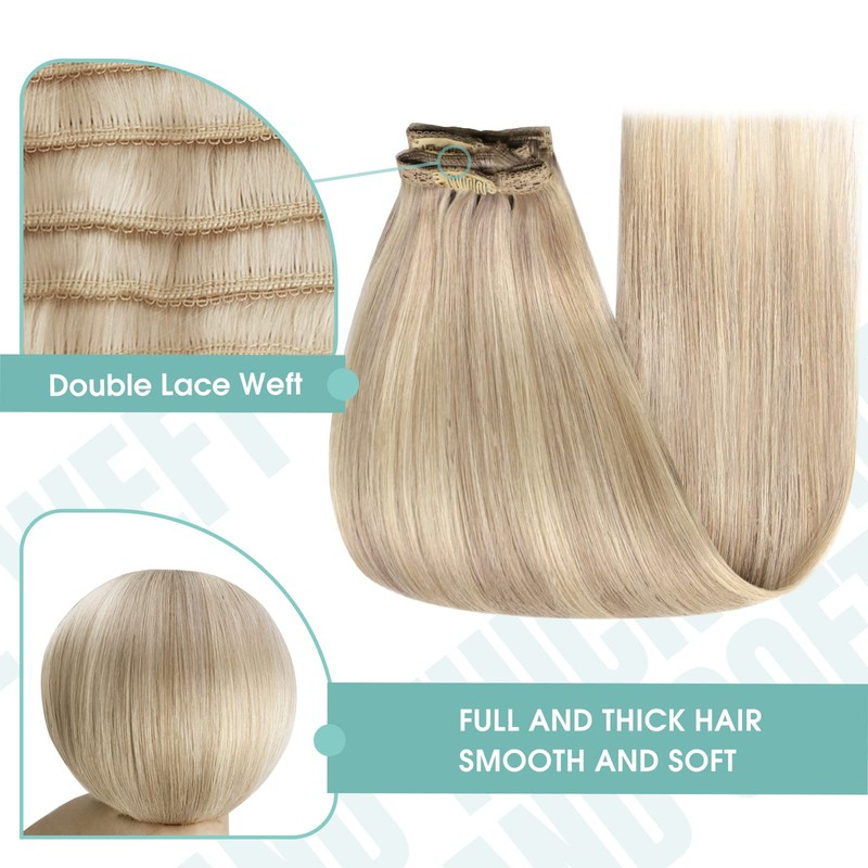 YoungSee #18/613 Clip-In Real-Hair Extensions, Blonde, Light Blonde with Strawberry