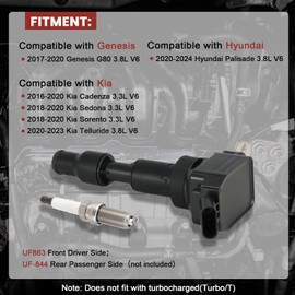 UF863 Ignition Coil Pack and Iridium Spark Plugs Set of 6 Compatible with Kia Sedona, Telluride, Cadenza, Sorento, Hyundai Palisade, Genesis G80 2016-2020 V6 3.3L 3.8L,Replace#,273103L030