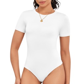 DSPSAM White Short Sleeve Casual Tank Bodysuits for Women Leotard Shapewear for Girls Fashion Vacation Outfits (White Medium)