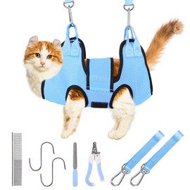 PatiencET Cat Grooming Hammock for Nail Trimming Pet Hammock for Small Dogs with Security Strap Dog Sling for Nail Clipping with Clippers Nail File and Pet Comb (Cerulean XS)
