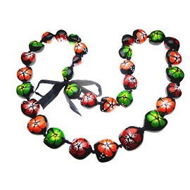 Aloha Passion Hawaiian Style Kukui Nut Lei, Hand Painted Multi-color Hibiscus 32 Inches