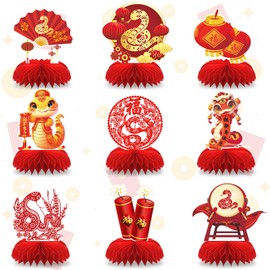 ALIBBON 9 Pcs 2025 Chinese New Year Honeycomb Centerpieces, Red Spring Festival Table Decorations Table Toppers, Lunar New Year Table Signs for Year of The Snake New Year Party Favor Supplies