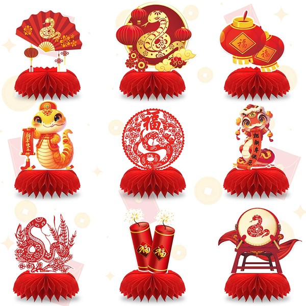 ALIBBON 9 Pcs 2025 Chinese New Year Honeycomb Centerpieces, Red