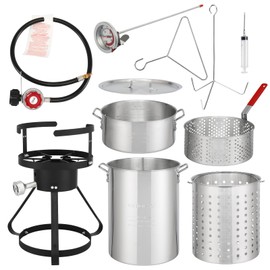 WISLAS Deep Fryer - 30QT Aluminum Seafood Boil Pot & Turkey Fryer Kit with Thermometer, Basket | Propane for Crab, Lobster, Chicken | Camping, Backyard BBQ, Thanksgiving & Holidays, 4-Piece Set
