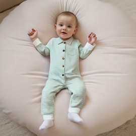 XIXIMAON Baby Boy Knitted Romper Lapel Collar Long Sleeve Button Down Bodysuits Striped Jumpsuit Newborn Autumn Winter Clothes Boy Cute Waffle Outfit (Green, 0-3 Months)