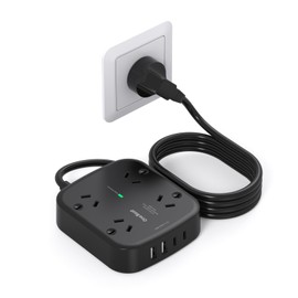 One Beat Surge Protected Power Board with 4 AC Outlets & 4 USB Ports (2×USB-C), 1.5M Extension Cord, AU Standard Travel Power Strip for Office, Dorm, Home Essentials-Black