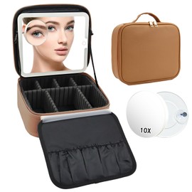 SLUMAZI Travel Makeup Bag with LED Mirror and 10x magnifying glass with 3 Lighted Settings, Adjustable Dividers and Makeup Brush Storage Bag Brown
