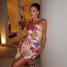 Xzpuz Women's Printed Metal Buckle Hollow Out Dress Sexy Hip Hugging Strapless Dress Red