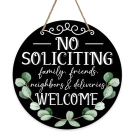 Bolisom No Soliciting Family Friends Neighbors Welcome Front Door Sign, Black Eucalyptus Leaves Wood Door Hanger Outdoor Porch Decor, Funny Wooden Wreath Indoor Wall Hanging Decoration