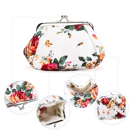 Oyachic Floral Coin Bag Kiss Lock Coin Purse Women's Retro Bag Purse Women Wallet Clip Closure, White, coin purses