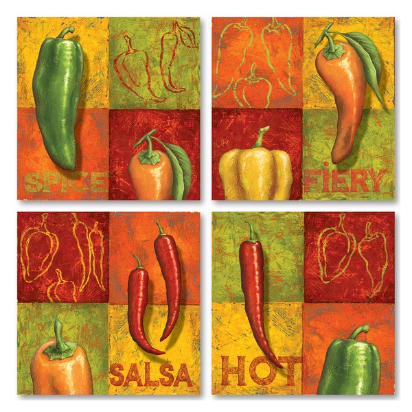 Gango Home Decor Classic Chili Prints; Perfect to Spruce up Your Kitchen! Set of Four 8x8 Mini Prints