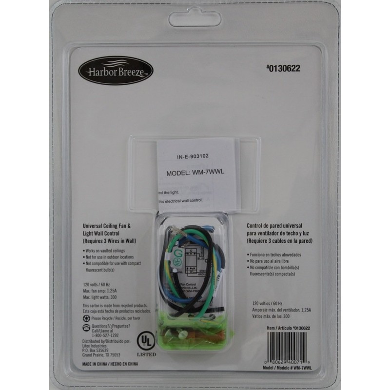 Harbor Breeze Universal Ceiling Fan & Light Wall Control #0130622
