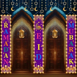 2 in-1 Ramadan Eid Mubarak Decorations Banner Colorful Ramadan Mubarak Door Banner with LED Lights Ramadan Eid Mubarak Porch Sign Hanging Banner for Home Front Door Islamic Muslim Party Supplies