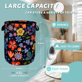Abstract Colorful Flowers Laundry Hamper Pretty Floral Laundry Basket With Handles Foldable Oxford Cloth Tote Bag Clothes Toy Storage Bucket Men Women Kids 18.9" x 16.5" For Bathroom/Laundry/Bedroom
