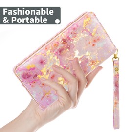 Nipichsha Womens Wallet, RFID Wristlet Wallet for Women, Cute Ladies Purse, Large Credit Card Clutch Wallets, Leather Card Holder Wallets with Zipper & Phone Holder, Gold Pink Marble