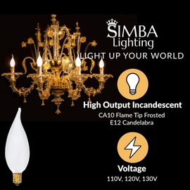 Simba Lighting Candelabra Flame Tip Frosted CA10 25W E12 Base (12 Pack) Decorative Incandescent Light Bulbs 120V for Chandeliers, Ceiling Fan Lights, Pendants, Wall Sconces, Dimmable, Warm White 2700K
