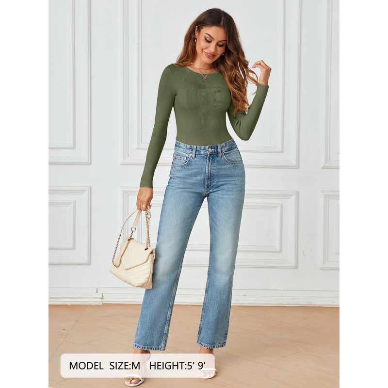 MEROKEETY Women's Long Sleeve Ribbed Bodysuits Crew Neck Slim Body