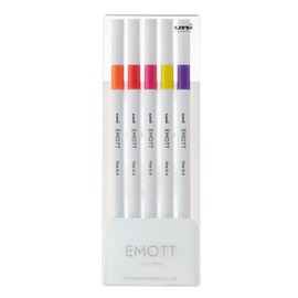 uni Emott Felt Tip Pens. Water Resistant, Non-Bleed and Fade-Proof Ink for Colouring, Art, Drawing, Writing, Journaling. Fineliner Tip Coloured Pens for Adults, Children, School Stationery. Pack of 5