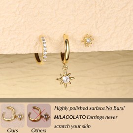 MILACOLATO 14K Gold Plated Earrings Set for Multiple Piercings Hypoallergenic 925 Sterling Silver Earrings for Women Dainty Gold Earrings Cartilage Stud Small Hoop Earrings Set Dangle sun