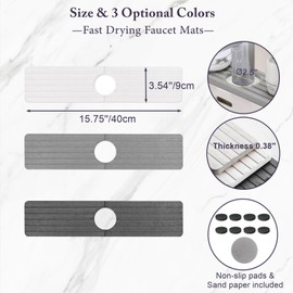 WIFORH Stone Faucet Mat for Kitchen Sink, 40cm Long Diatomite Fast Drying Stone Sink Tray, Diatomite Absorbent Mat, Faucet Splash Guard for Bathroom Kitchen, 15.74 x 3.54 in(Light Grey)