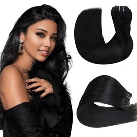 Hetto Clip in Human Hair Extensions Black Clip in Hair Extensions Real Human Hair Jet Black Silky Straight Double Weft Clip in Extensions #1 20 Inch 80g